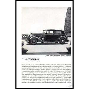 1934 Lincoln Two Window Town Sedan Vintage Print Ad Antique Car Wall Art Drawing